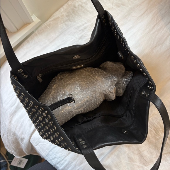 Stuart Weitzman Silver Studded Black Leather Tote Bag - Picture 3 of 9